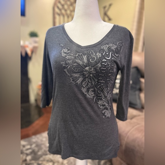 HARLEY-DAVIDSON charcoal gray ladies 3/4 sleeve t shirt cross design with bling - Picture 1 of 7